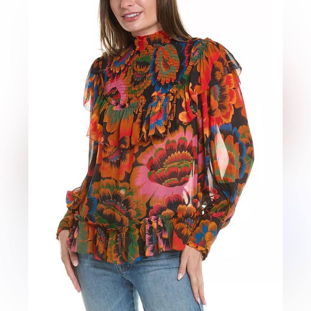 Farm Rio Colorful Flowers Smocked Yoke Blouse Sz Xs